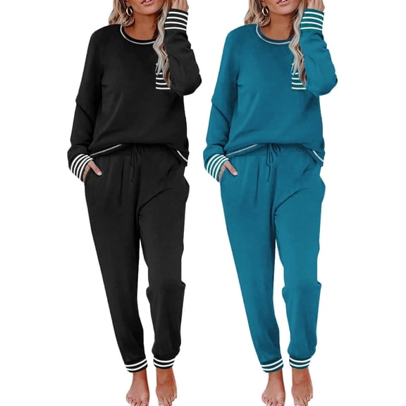 Ekouaer 2 Pack Womens Pajama Sets Long Sleeve Lounge Sets Soft Pj Sleepwear Loungewear Black & Blue Medium