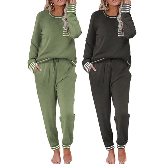 Ekouaer 2 Pack Womens Pajama Sets Long Sleeve Lounge Sets Soft Pj Sleepwear Loungewear Black & Blue XX-Large