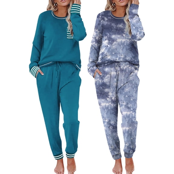 Ekouaer 2 Pack Womens Pajama Sets Long Sleeve Lounge Sets Soft Pj Sleepwear Loungewear Black & Blue XX-Large