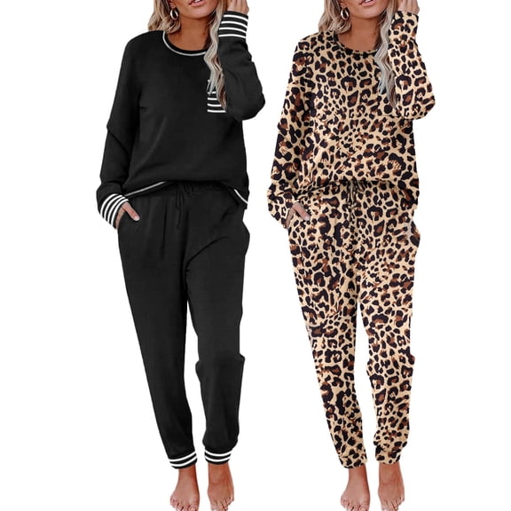 Ekouaer 2 Pack Womens Pajama Sets Long Sleeve Lounge Sets Soft Pj Sleepwear Loungewear Black & Blue XX-Large