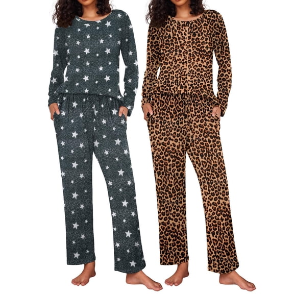 Ekouaer 2 Pack Womens Pajama Sets Long Sleeve Pjs Lounge Set Soft Comfy Sleepwear Winter Loungewear