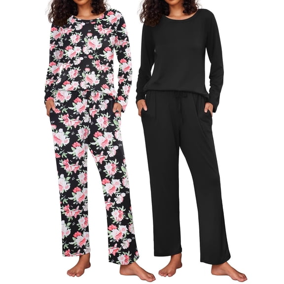 Ekouaer 2 Pack Womens Pajama Sets Long Sleeve Pjs Lounge Set Soft Comfy Sleepwear Winter Loungewear