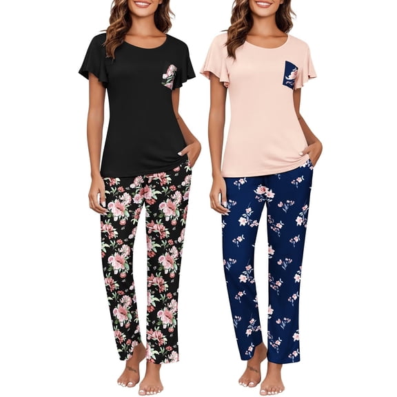 Ekouaer 2-Pack Womens Pajama Sets Soft Short Sleeve Sleepwear with Long Pants & Pockets Printed Lounge Set
