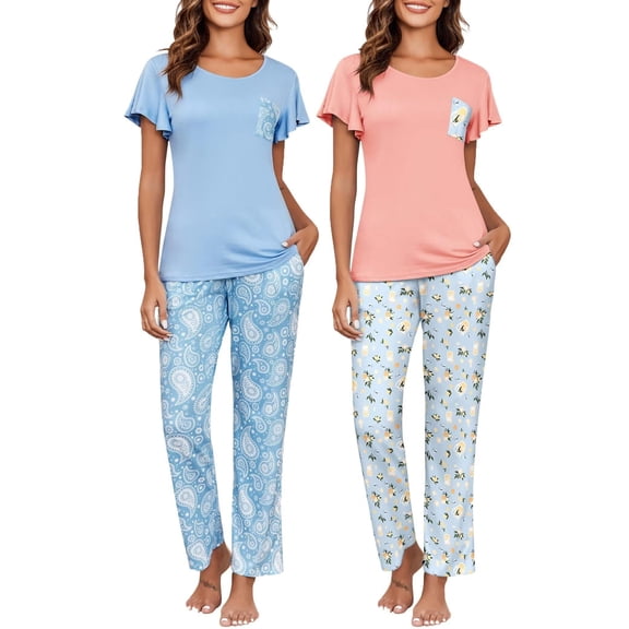 Ekouaer 2-Pack Womens Pajama Sets Soft Short Sleeve Sleepwear with Long Pants & Pockets Printed Lounge Set