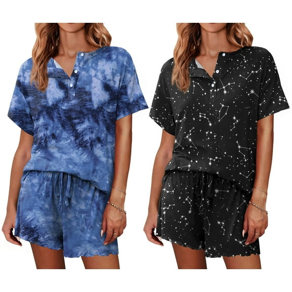 Ekouaer 2 Pack Womens Pajama Sets Short Sleeve Top with Shorts Soft Comfy Loungewear Sleepwear