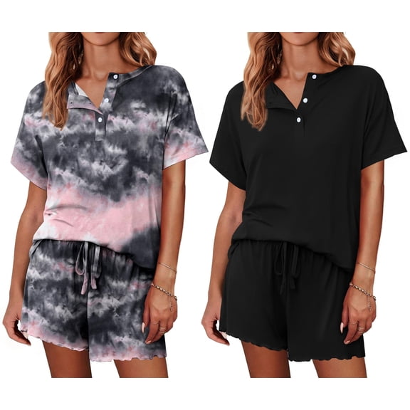Ekouaer 2 Pack Womens Pajama Sets Short Sleeve Top with Shorts Soft Comfy Loungewear Sleepwear