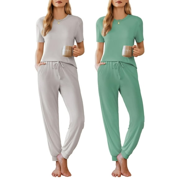 Ekouaer Pajamas for Women Set 2 Pack Lounge Set Short Sleeve Pjs Joggers Long Pants Loungepwear with Pockets
