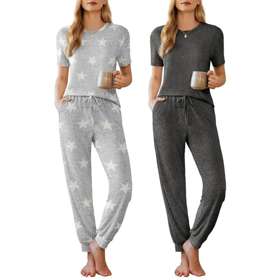 Ekouaer Pajamas for Women Set 2 Pack Lounge Set Short Sleeve Pjs Joggers Long Pants Loungepwear with Pockets