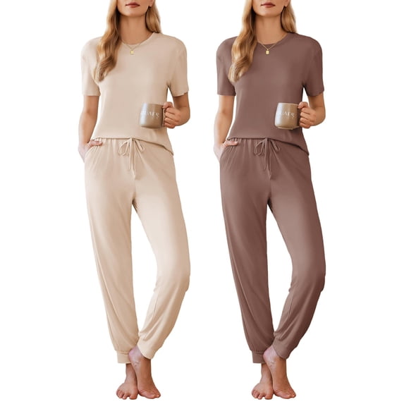 Ekouaer Pajamas for Women Set 2 Pack Lounge Set Short Sleeve Pjs Joggers Long Pants Loungepwear with Pockets