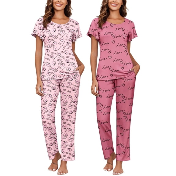 Ekouaer 2-Pack Womens Pajama Sets Soft Short Sleeve Sleepwear with Long Pants & Pockets Printed Lounge Set