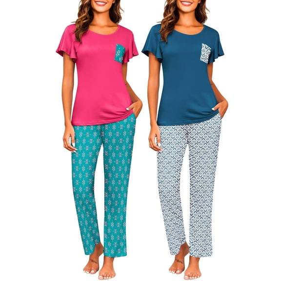 Ekouaer 2-Pack Womens Pajama Sets Soft Short Sleeve Sleepwear with Long Pants & Pockets Printed Lounge Set