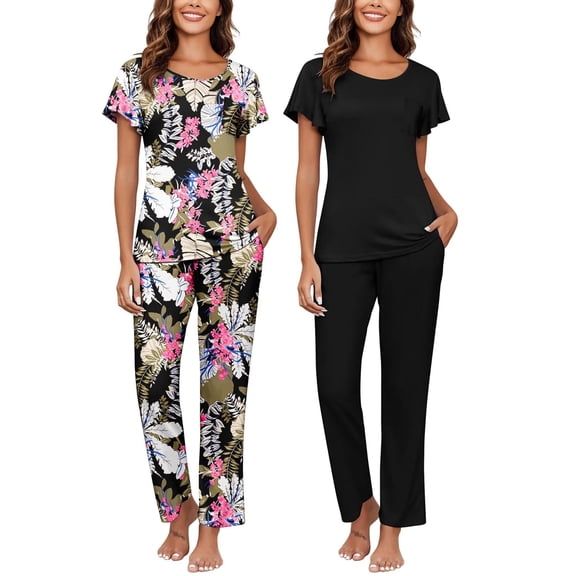 Ekouaer 2-Pack Womens Pajama Sets Soft Short Sleeve Sleepwear with Long Pants & Pockets Printed Lounge Set