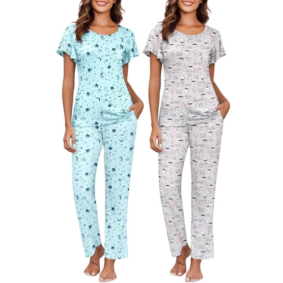 Ekouaer 2-Pack Womens Pajama Sets Soft Short Sleeve Sleepwear with Long Pants & Pockets Printed Lounge Set