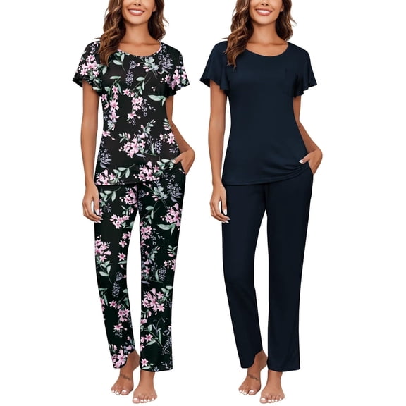 Ekouaer 2-Pack Womens Pajama Sets Soft Short Sleeve Sleepwear with Long Pants & Pockets Printed Lounge Set