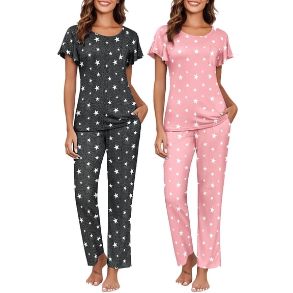 Ekouaer 2-Pack Womens Pajama Sets Soft Short Sleeve Sleepwear with Long Pants & Pockets Printed Lounge Set