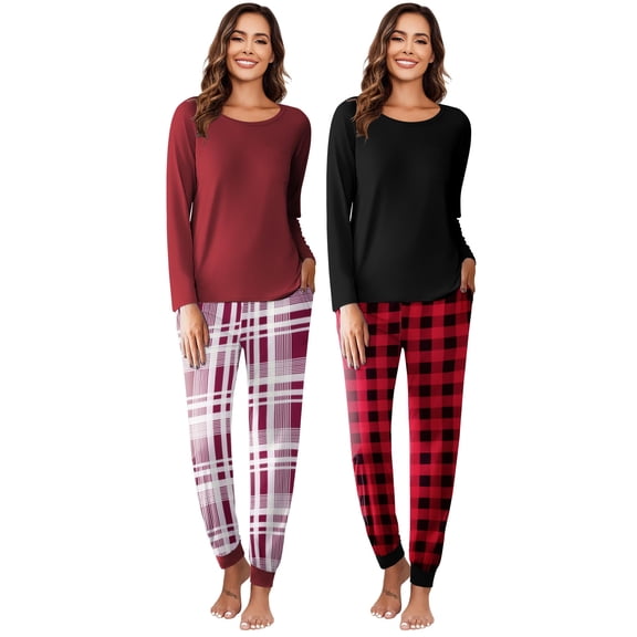 Ekouaer 2 Pack Womens Pajamas Set Long Sleeve Sleepwear Top and Jogger Pants Lounge Sets Cozy Pjs Loungewear
