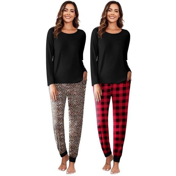 Ekouaer 2 Pack Womens Pajamas Set Long Sleeve Sleepwear Top and Jogger Pants Lounge Sets Cozy Pjs Loungewear