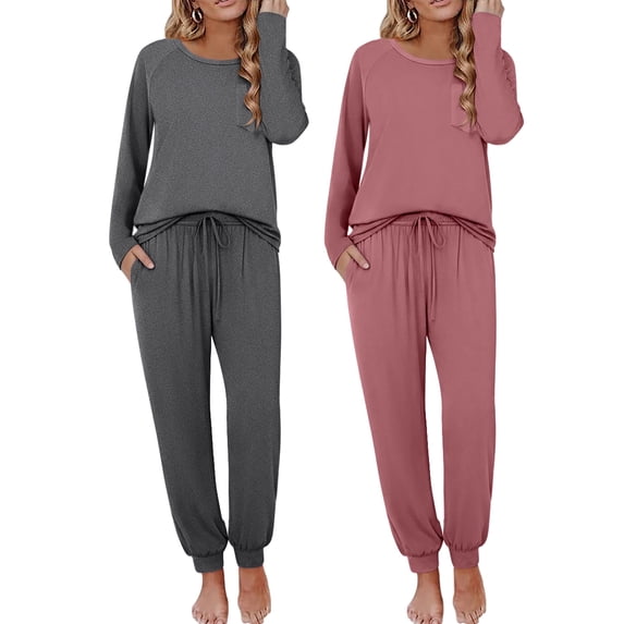 Ekouaer 2 Pack Womens Pajamas Set Long Sleeve Sleepwear Top and Jogger Pants Lounge Sets Cozy Pjs Loungewear