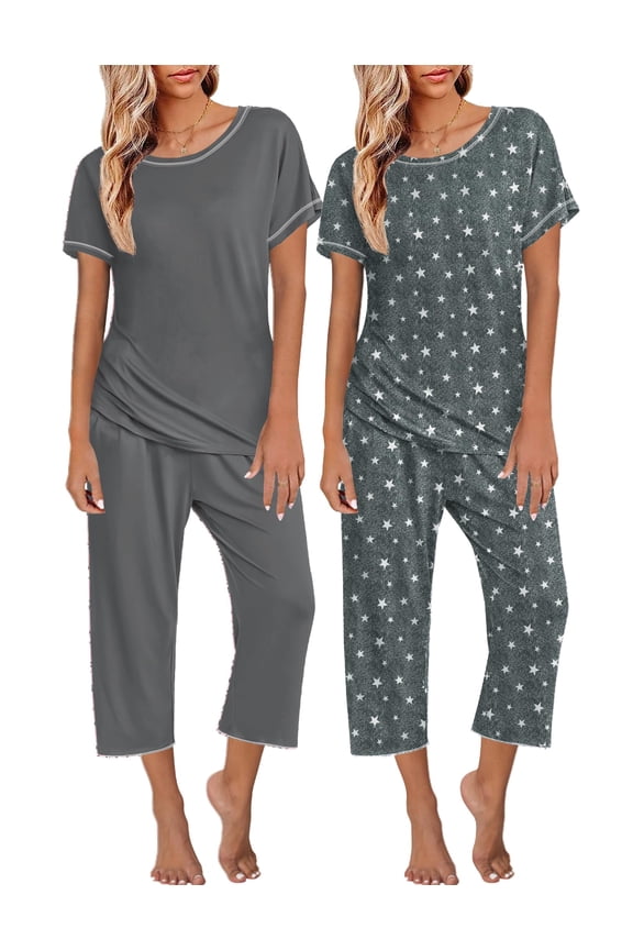2 Pack Womens Pajamas Sets Short Sleeve Tops and Capri Pants Pjs Colorful Printed Sleepwear Sets