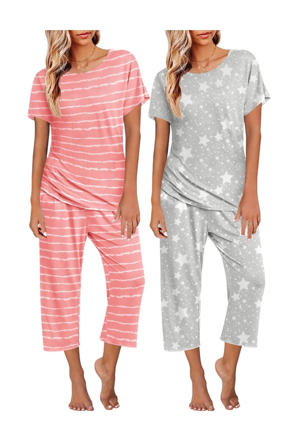2 Pack Womens Pajamas Sets Short Sleeve Tops and Capri Pants Pjs Colorful Printed Sleepwear Sets