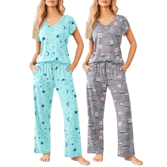 Ekouaer 2 Pack Womens Pajamas Short Sleeve Sleepwear Top with Pants Super-Soft Printed Lounge Sets