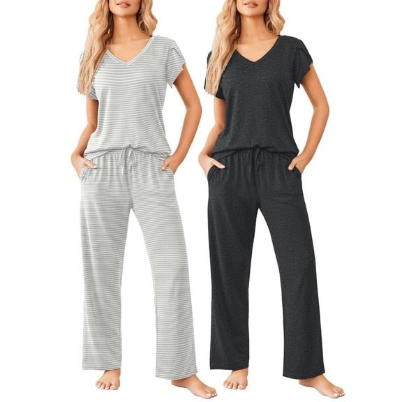 Ekouaer 2 Pack Womens Pajamas Short Sleeve Sleepwear Top with Pants Super-Soft Printed Lounge Sets