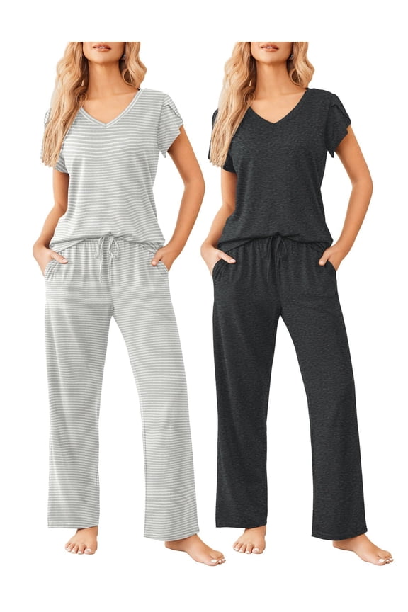 2 Pack Womens Pajamas Short Sleeve Sleepwear Top with Pants Super-Soft Printed Lounge Sets