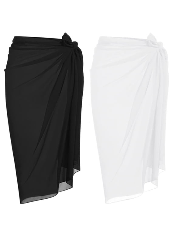 2 Packs Sarong Swimsuit Coverup for Women Chiffon Long Bathing Suit Wrap Sheer Bathing Suit Bottom Black&White