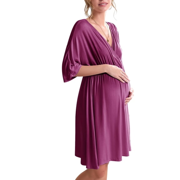 Ekouaer 3 in 1 Labor/Delivery/Hospital Gown Maternity Dress Nursing Nightgown Sleepwear for Breastfeeding V Neck Short Sleeve Nightshirt Sleeping Dress