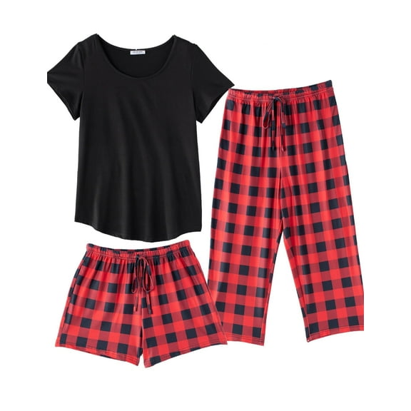 Ekouaer 3 PCS Capri Pajamas for Women Set Short Sleeve Pajama Sets Floral Pj Sets Soft Sleepwear with Pockets