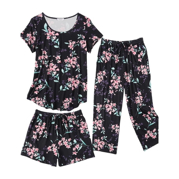 Ekouaer 3 PCS Capri Pajamas for Women Set Short Sleeve Pajama Sets Floral Pj Sets Soft Sleepwear with Pockets