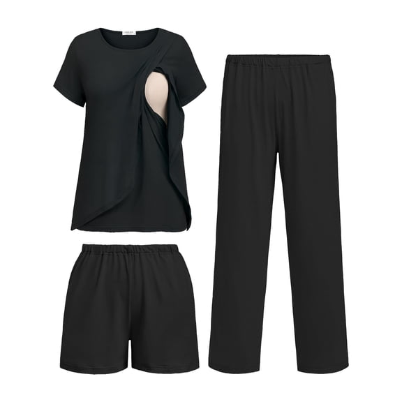 Ekouaer 3 PCS Maternity Nursing Pajamas Set Postpartum Breastfeeding Short Sleeve Shirts