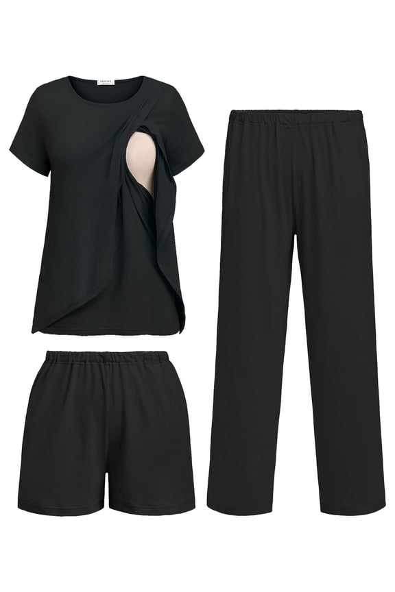 3 PCS Maternity Nursing Pajamas Set Postpartum Breastfeeding Short Sleeve Shirts