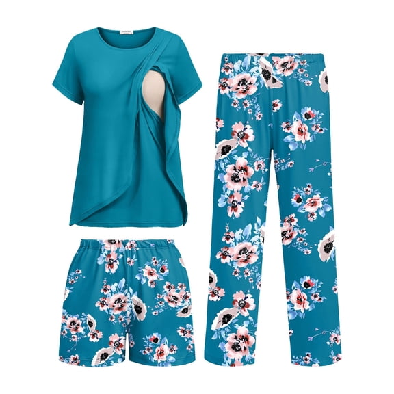Ekouaer 3 PCS Maternity Nursing Pajamas Set Postpartum Breastfeeding Short Sleeve Shirts