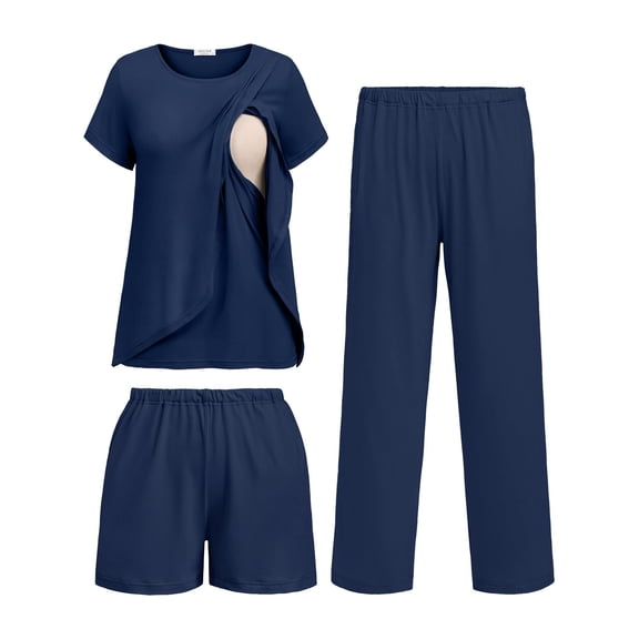 Ekouaer 3 PCS Maternity Nursing Pajamas Set Postpartum Breastfeeding Short Sleeve Shirts