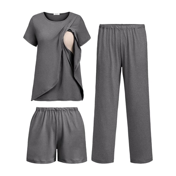 Ekouaer 3 PCS Maternity Nursing Pajamas Set Postpartum Breastfeeding Short Sleeve Shirts