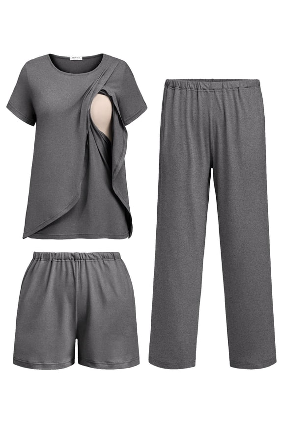 3 PCS Maternity Nursing Pajamas Set Postpartum Breastfeeding Short Sleeve Shirts