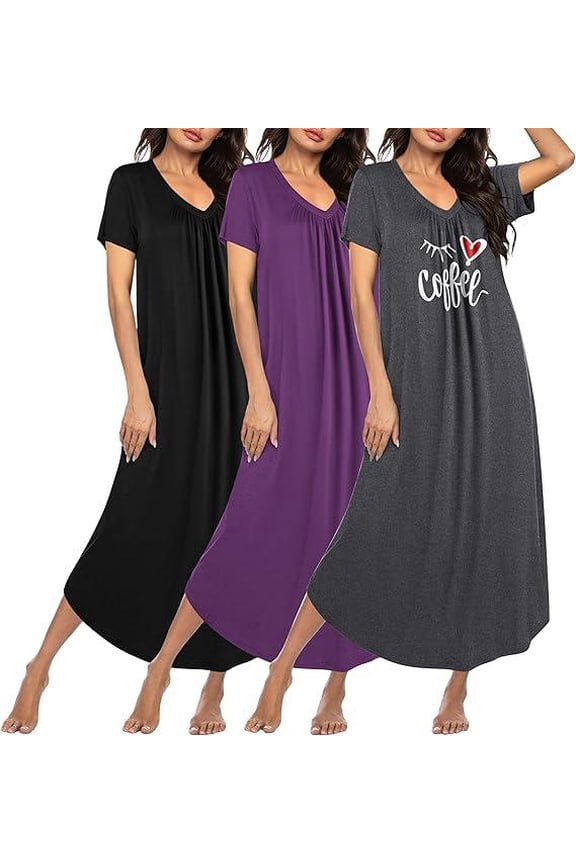 3 Pack Long Nightgowns for Women Plus Size House Dress Short Sleeve Night Gown V Neck Casual Nightshirt