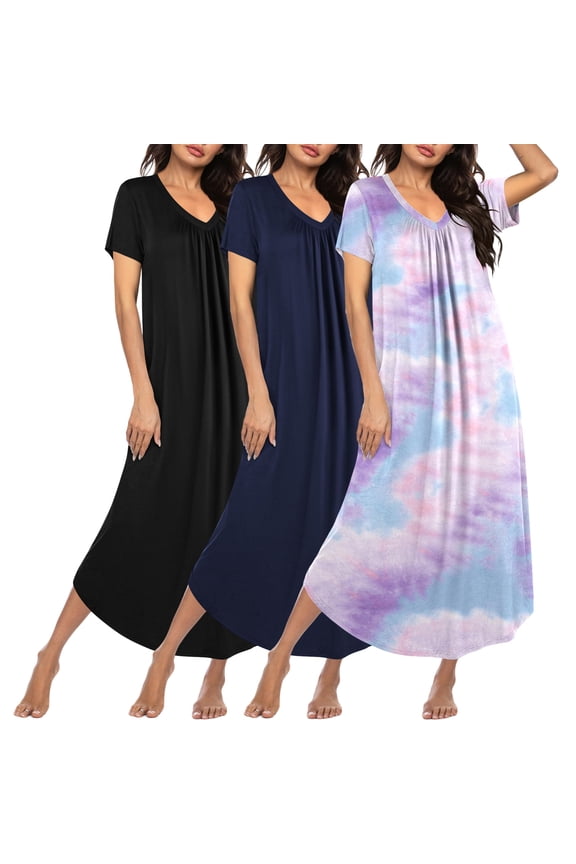 3 Pack Long Nightgowns for Women Plus Size House Dress Short Sleeve Night Gown V Neck Casual Nightshirt