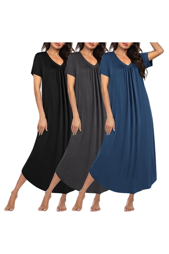3 Pack Long Nightgowns for Women Plus Size House Dress Short Sleeve Night Gown V Neck Casual Nightshirt
