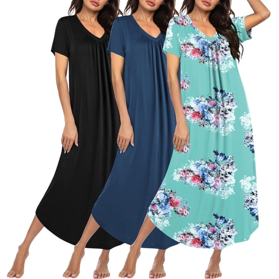 Ekouaer 3 Pack Long Nightgowns for Women Plus Size House Dress Short Sleeve Night Gown V Neck Casual Nightshirt
