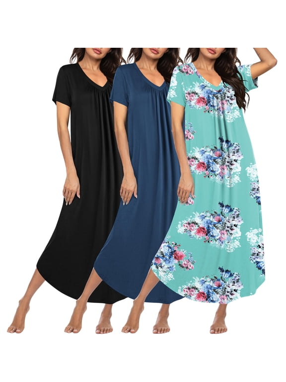 3 Pack Long Nightgowns for Women Plus Size House Dress Short Sleeve Night Gown V Neck Casual Nightshirt