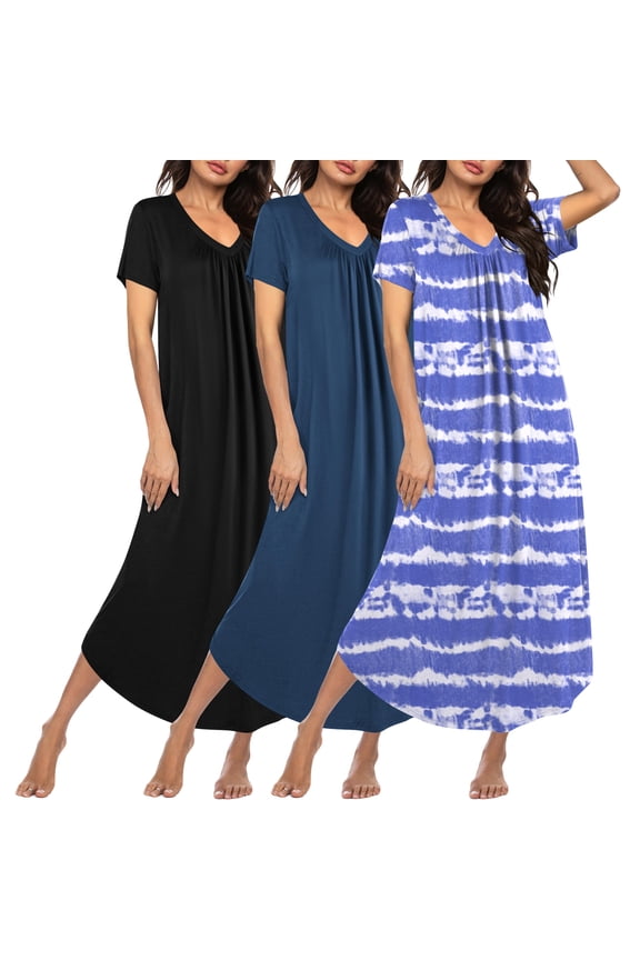 3 Pack Long Nightgowns for Women Plus Size House Dress Short Sleeve Night Gown V Neck Casual Nightshirt
