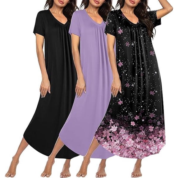 Ekouaer 3 Pack Long Nightgowns for Women Plus Size House Dress Short Sleeve Night Gown V Neck Casual Nightshirt