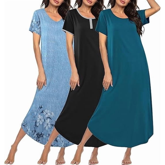 Ekouaer 3 Pack Long Nightgowns for Women Plus Size Moo Moos Short Sleeve House Dress Button Night Gown Soft Sleepwear