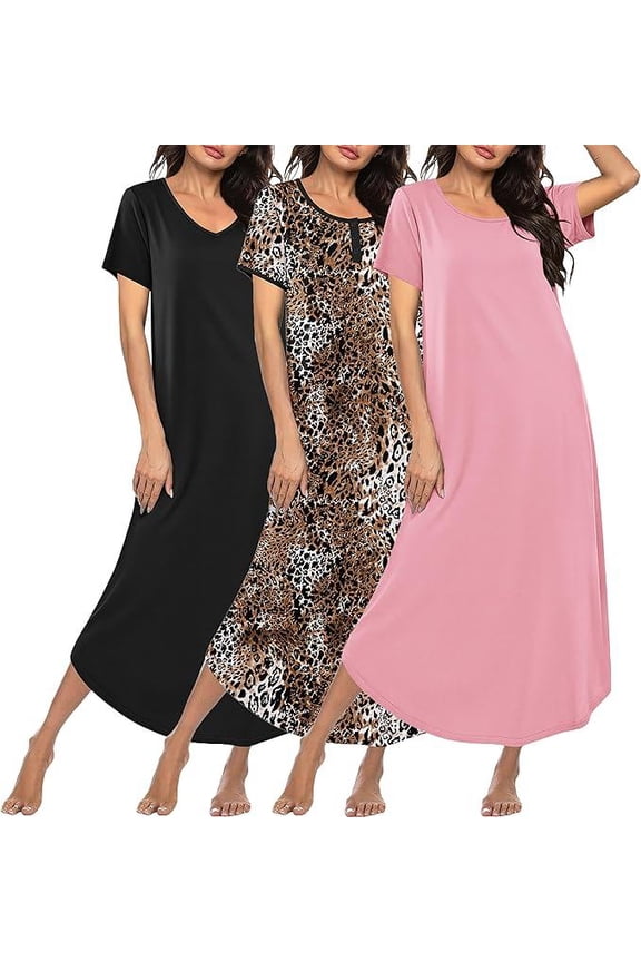 3 Pack Long Nightgowns for Women Plus Size Moo Moos Short Sleeve House Dress Button Night Gown Soft Sleepwear