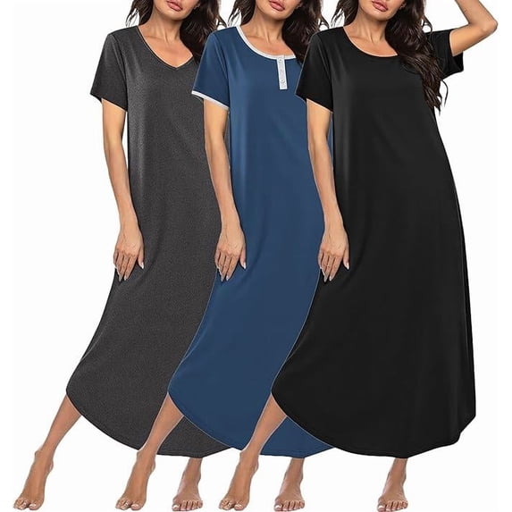 Ekouaer 3 Pack Long Nightgowns for Women Plus Size Moo Moos Short Sleeve House Dress Button Night Gown Soft Sleepwear