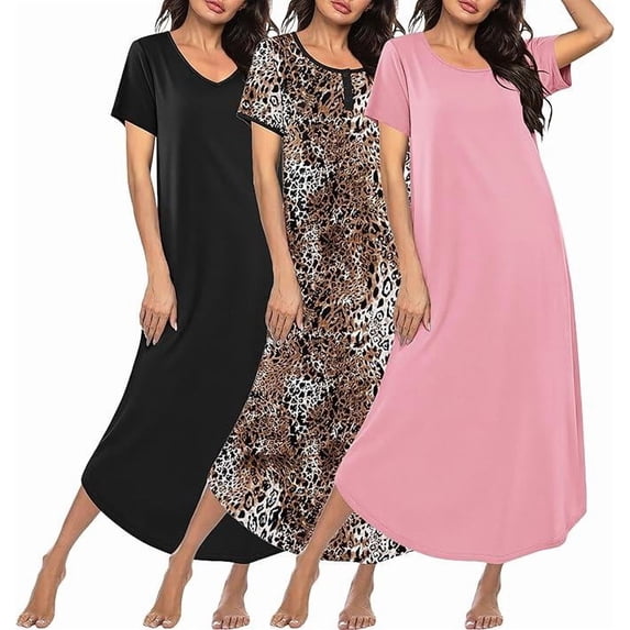Ekouaer 3 Pack Long Nightgowns for Women Plus Size Moo Moos Short Sleeve House Dress Button Night Gown Soft Sleepwear