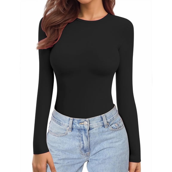 Ekouaer Women's Long Sleeve Shirts Tight Fitted Tops Crewneck Underscrubs Tee Lightweight Basic Thermal Undershirts