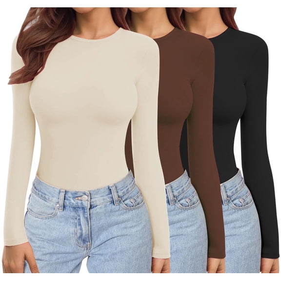 Ekouaer 3 Pack Long Sleeve Shirts for Women Crew Neck Stretch Fitted Underscrubs